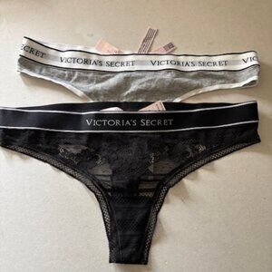 Victoria Secret Women's Thong/String Underwear Black Lace/Grey Set of 2 NWT